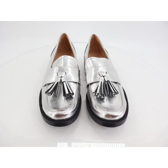 Franco Sarto Lucia Tassel Loafer Women Size 9 Silver Vegan Leather Block Heel - Picture 3 of 11